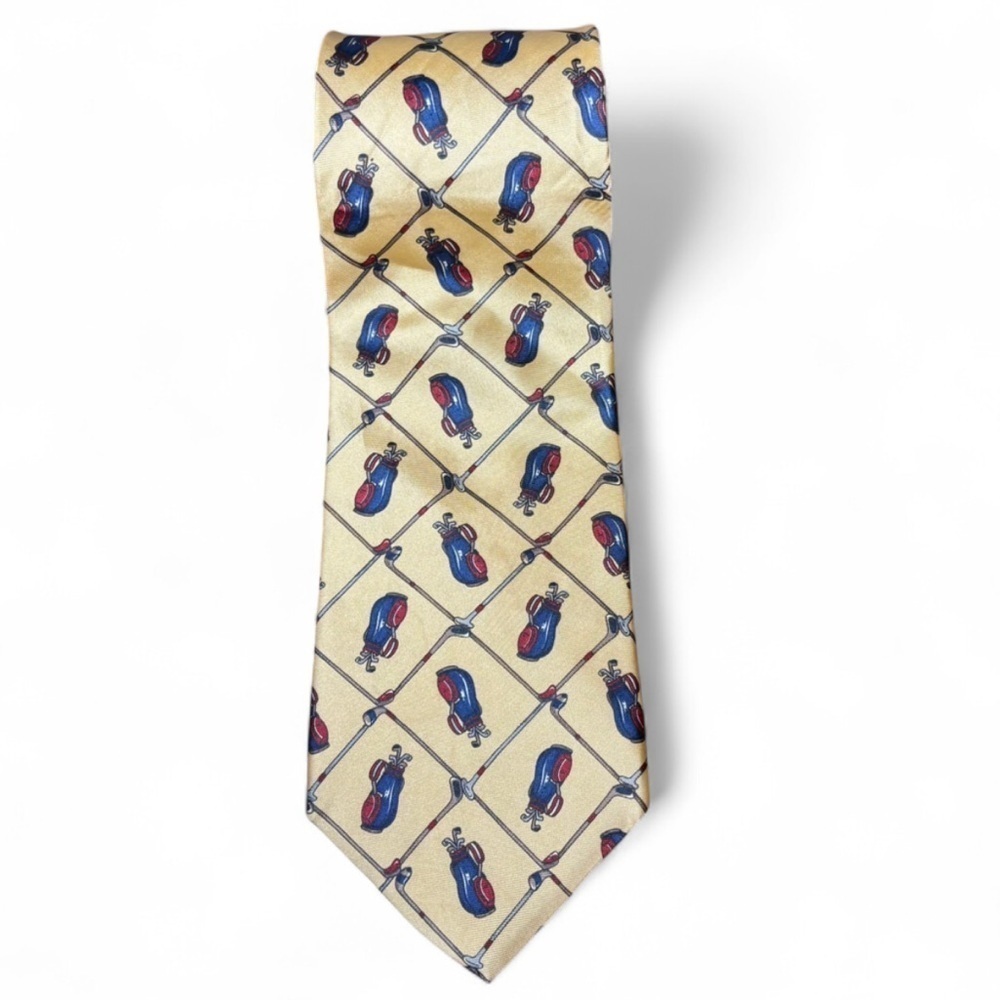 Bert Pulitzer Golf Silk Tie Yellow Golf Bag Print Classic Vintage Style